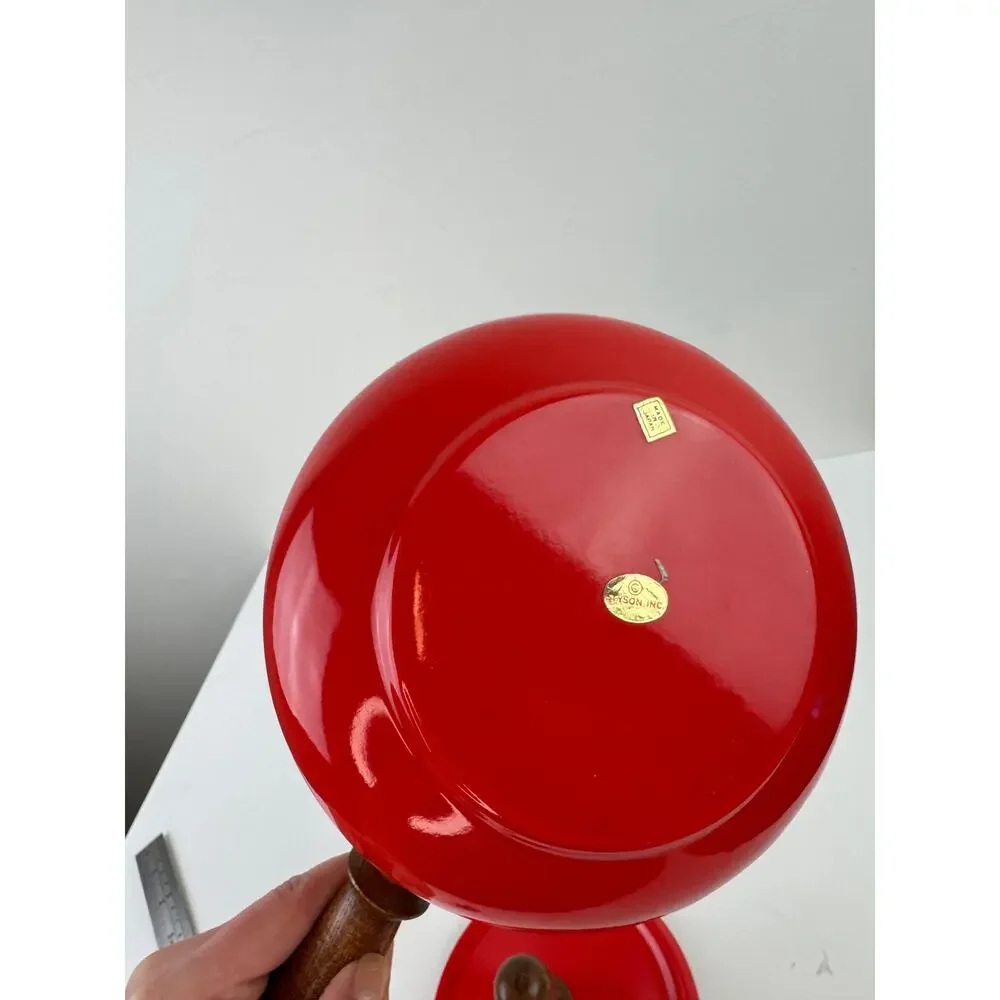 Vintage Styson Bright Red Enamel Fondue Pot Aluminum Wooden Single Handle Lid
